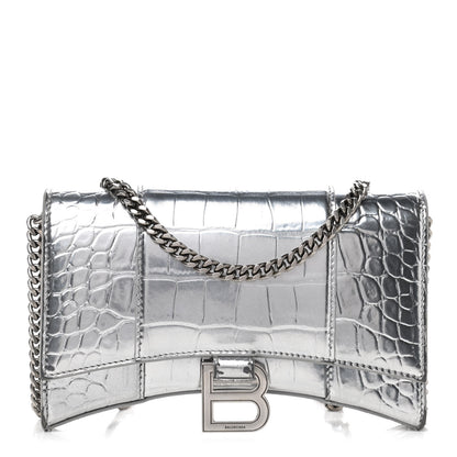 Balenciaga Metallic Calfskin Crocodile Embossed Hourglass Chain Bag Silver 1 of 7