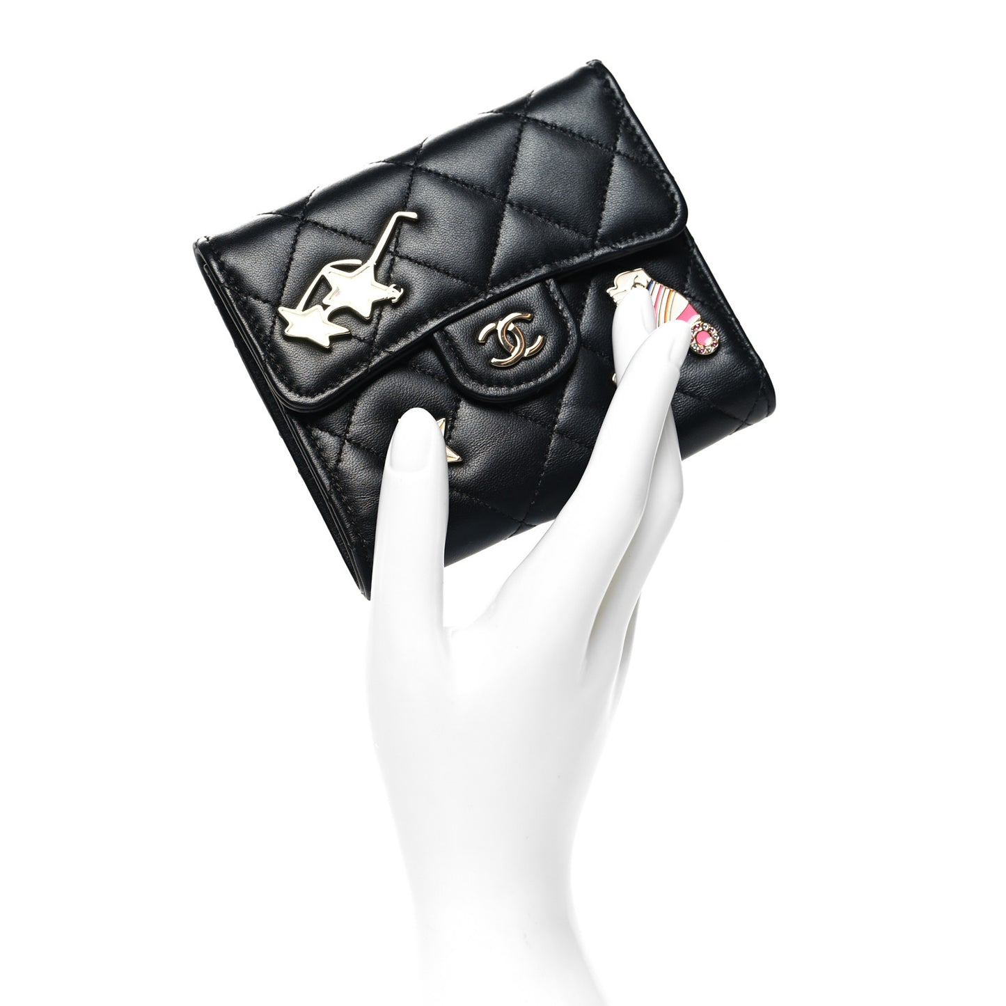 Lambskin Enamel Quilted Roller Skate Compact Flap Wallet Black