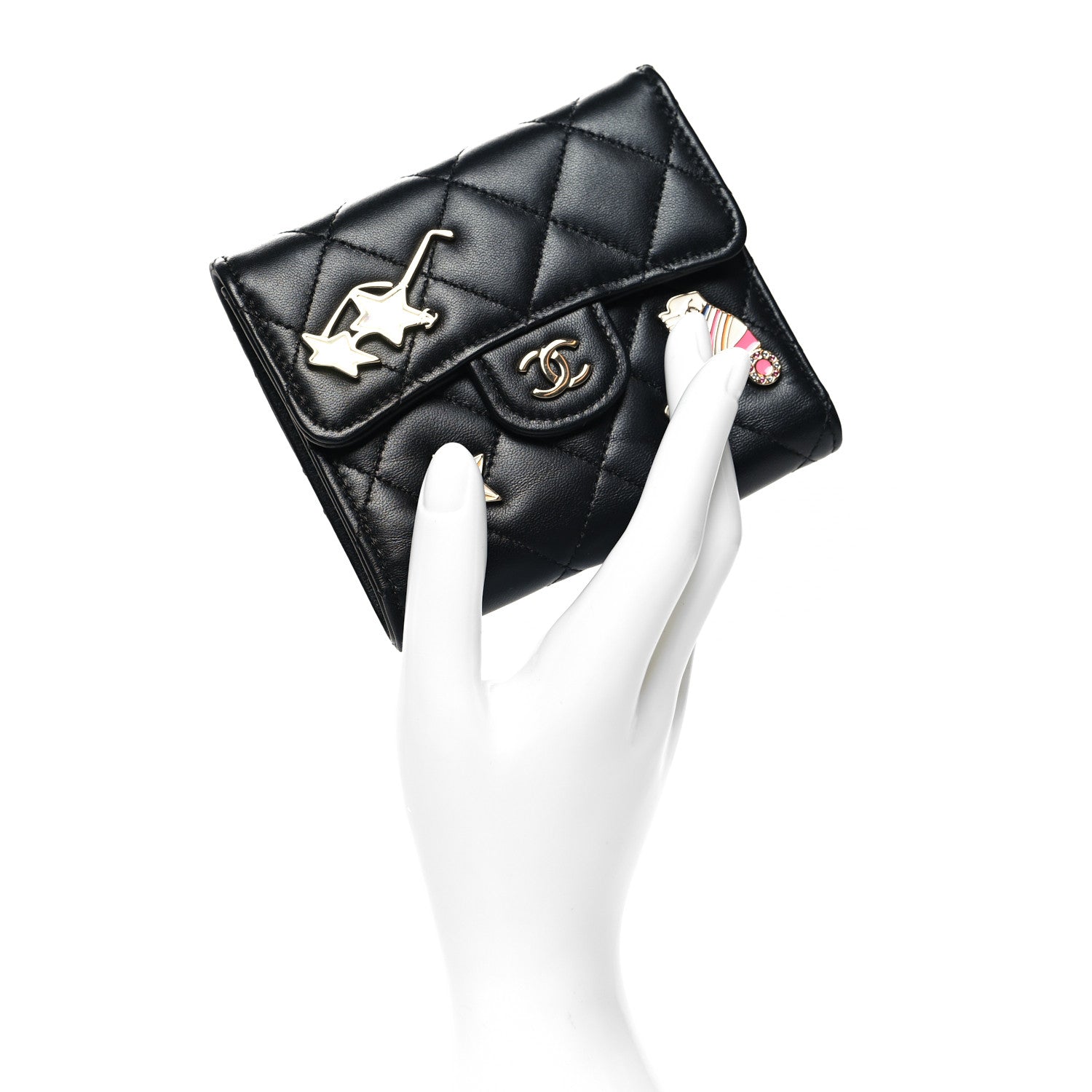 Chanel Lambskin Enamel Quilted Roller Skate Compact Flap Wallet Black 2 of 9