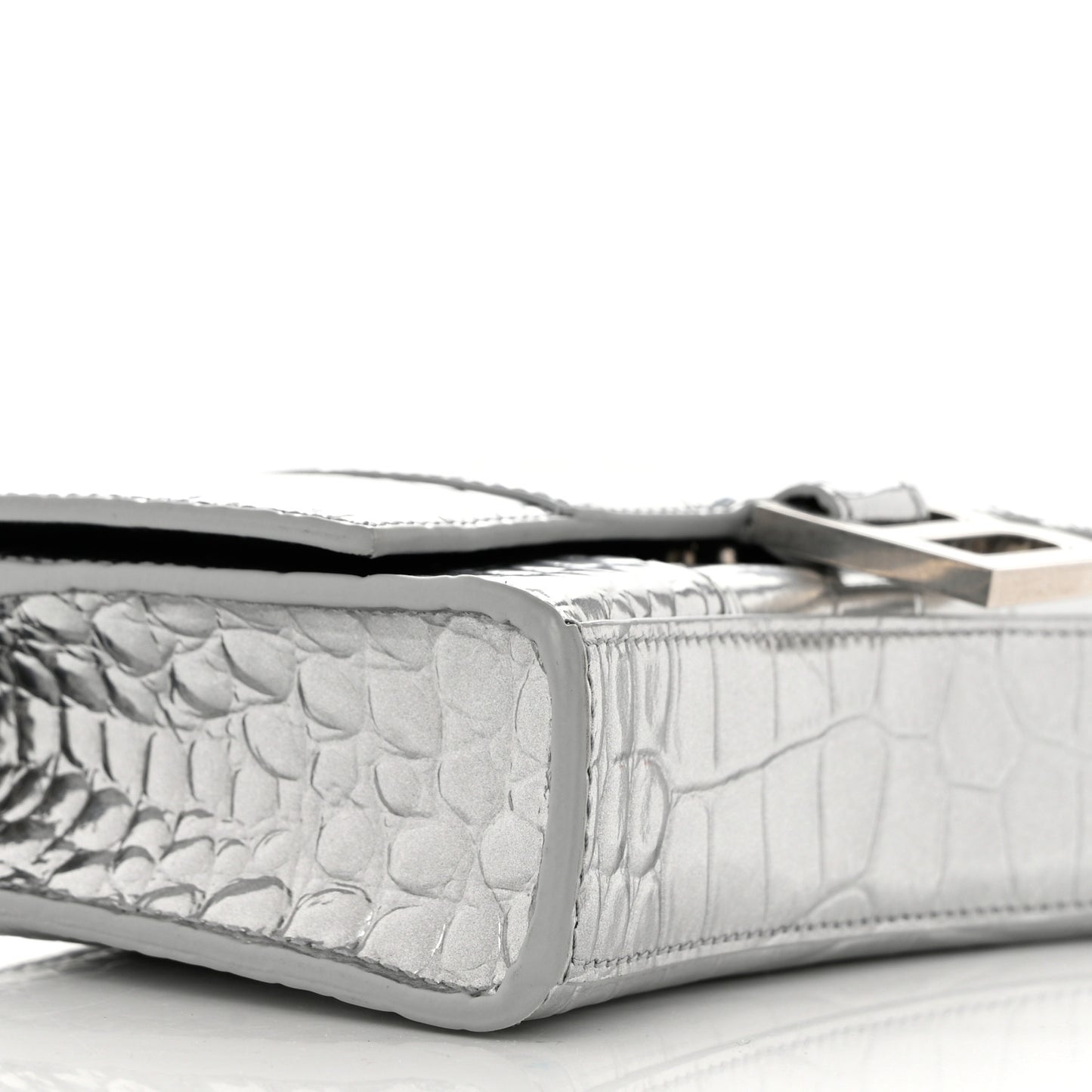Metallic Calfskin Crocodile Embossed Hourglass Chain Bag Silver
