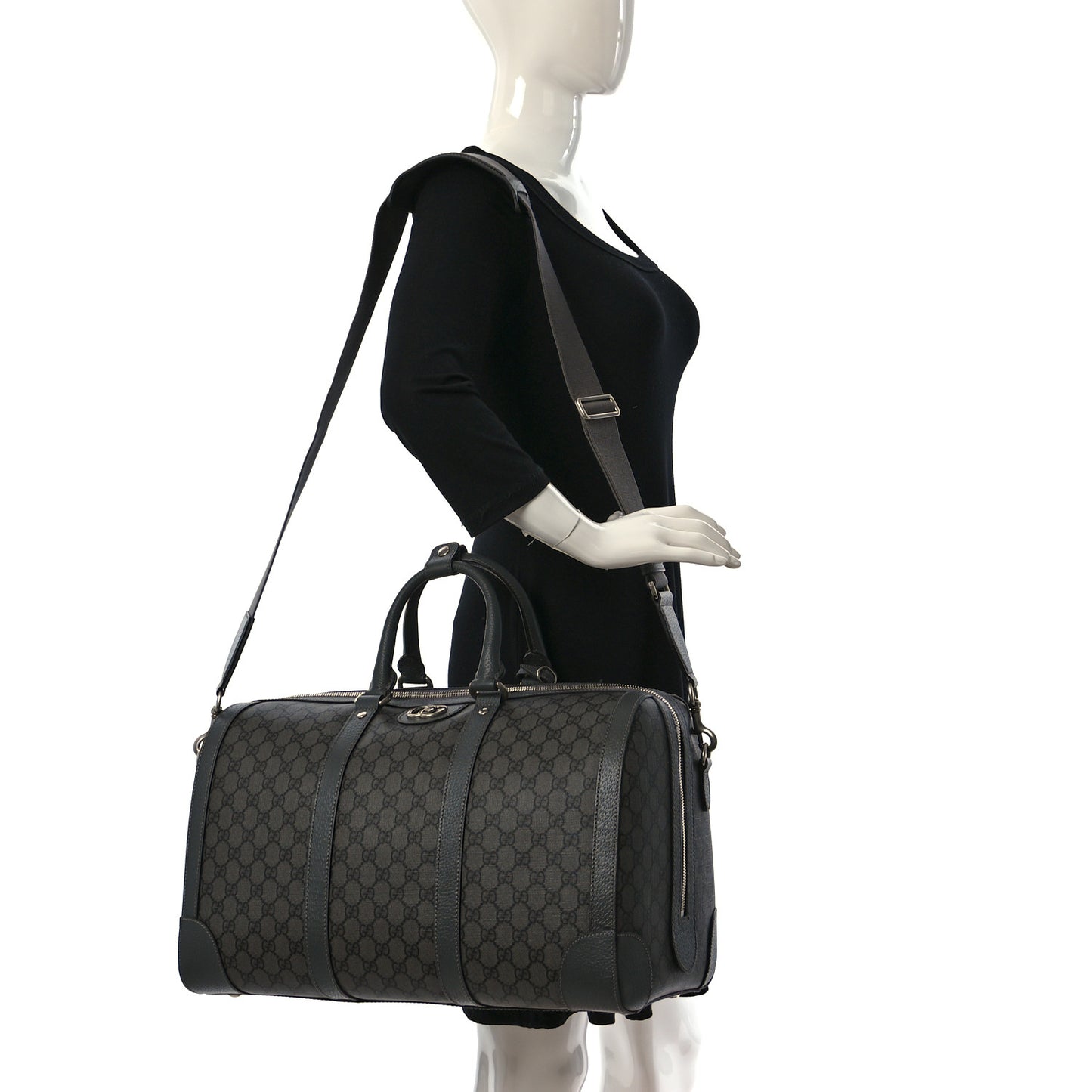 GG Supreme Monogram Textured Dollar Calfskin Medium Savoy Duffle Bag Grey Black Graphite Grey