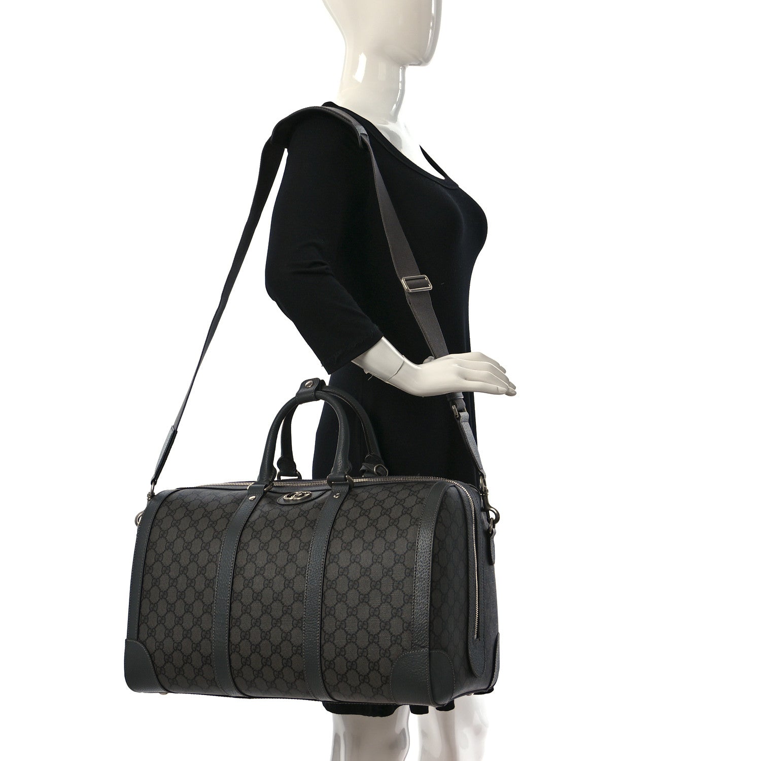 Gucci GG Supreme Monogram Textured Dollar Calfskin Medium Savoy Duffle Bag Grey Black Graphite Grey 2 of 10