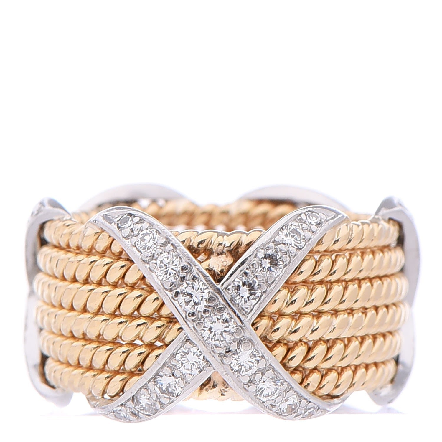 Tiffany 18K Yellow White Gold Diamond Schlumberger Rope Six Row X Ring 50 5.25 1 of 4
