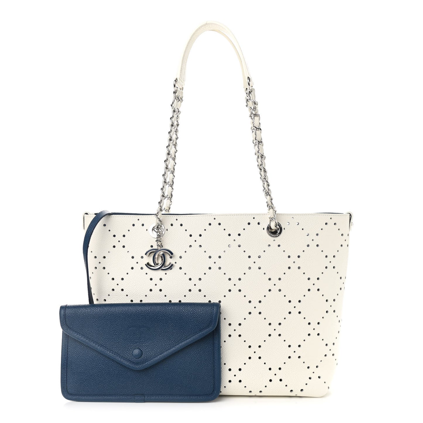 Perforated Grained Calfskin Small Shopping Tote White