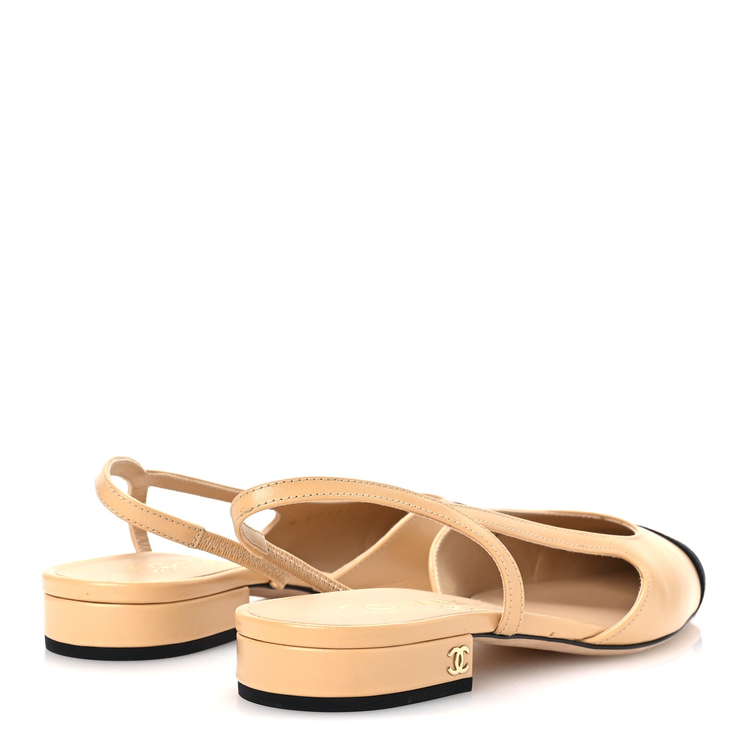 Chanel Goatskin Grosgrain Cap Toe CC Slingback Sandals 37 Beige Black 5 of 10
