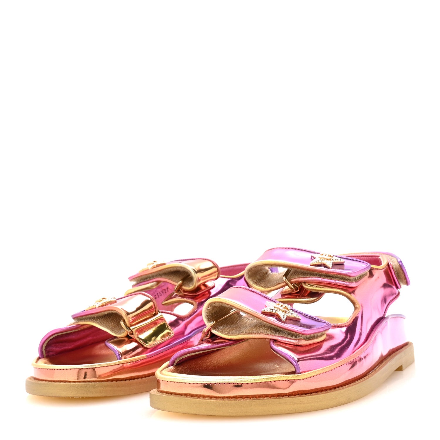 Chanel Metallic Laminated Calfskin Crystal Star CC Velcro Dad Sandals 37.5 Pink Orange Yellow 4 of 8