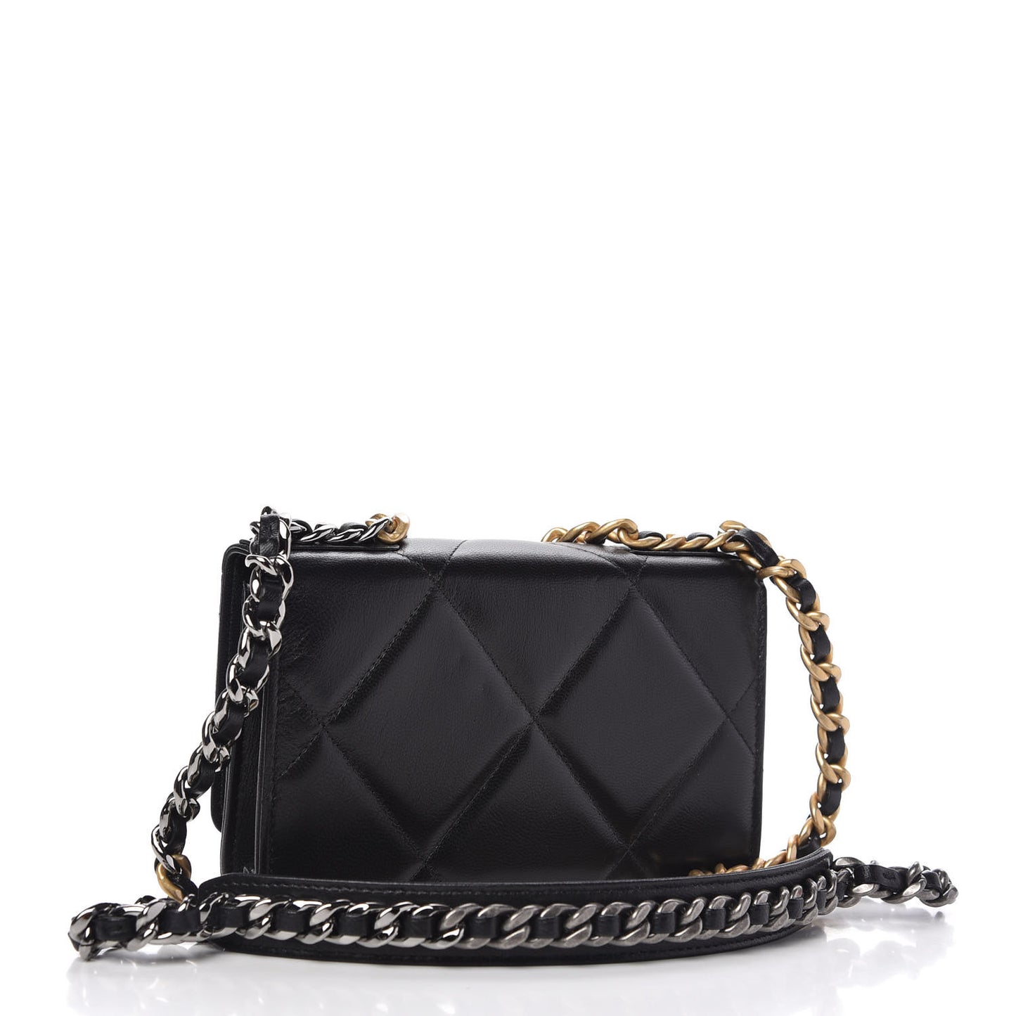 Shiny Goatskin Quilted Chanel 19 Wallet On Chain WOC Black