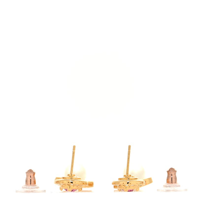 Chanel Metal Crystal Pearl CC Drop Earrings Gold Pink White 3 of 4
