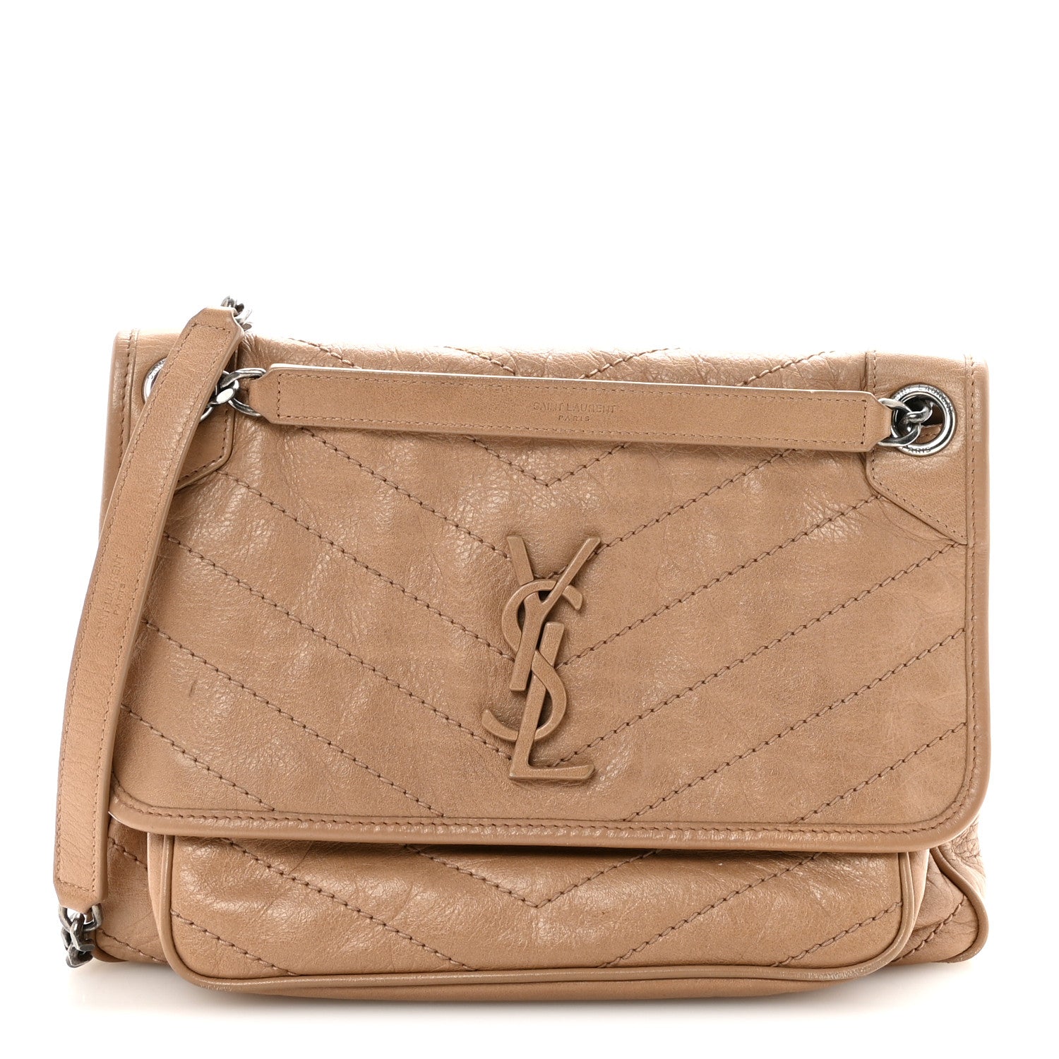 Saint Laurent Crinkled Calfskin Matelasse Monogram Medium Niki Chain Satchel Light Taupe 1 of 9