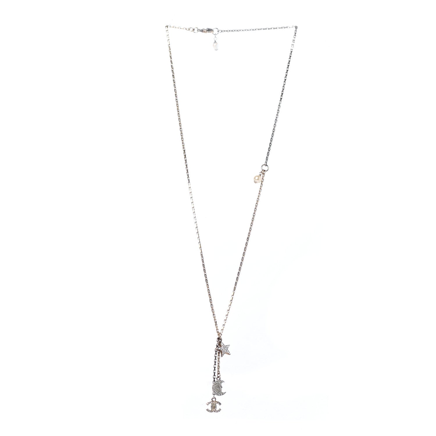 Chanel Crystal Pearl CC Moon Star Drop Necklace Gold 2 of 4