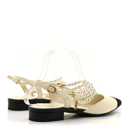 Chanel Lambskin Grosgrain Cap Toe Pearl Slingback 37 Ivory Black 5 of 10