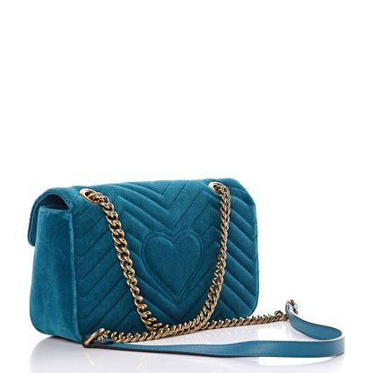 Gucci Velvet Matelasse Small GG Marmont Shoulder Bag Pavone Cyan 3 of 10