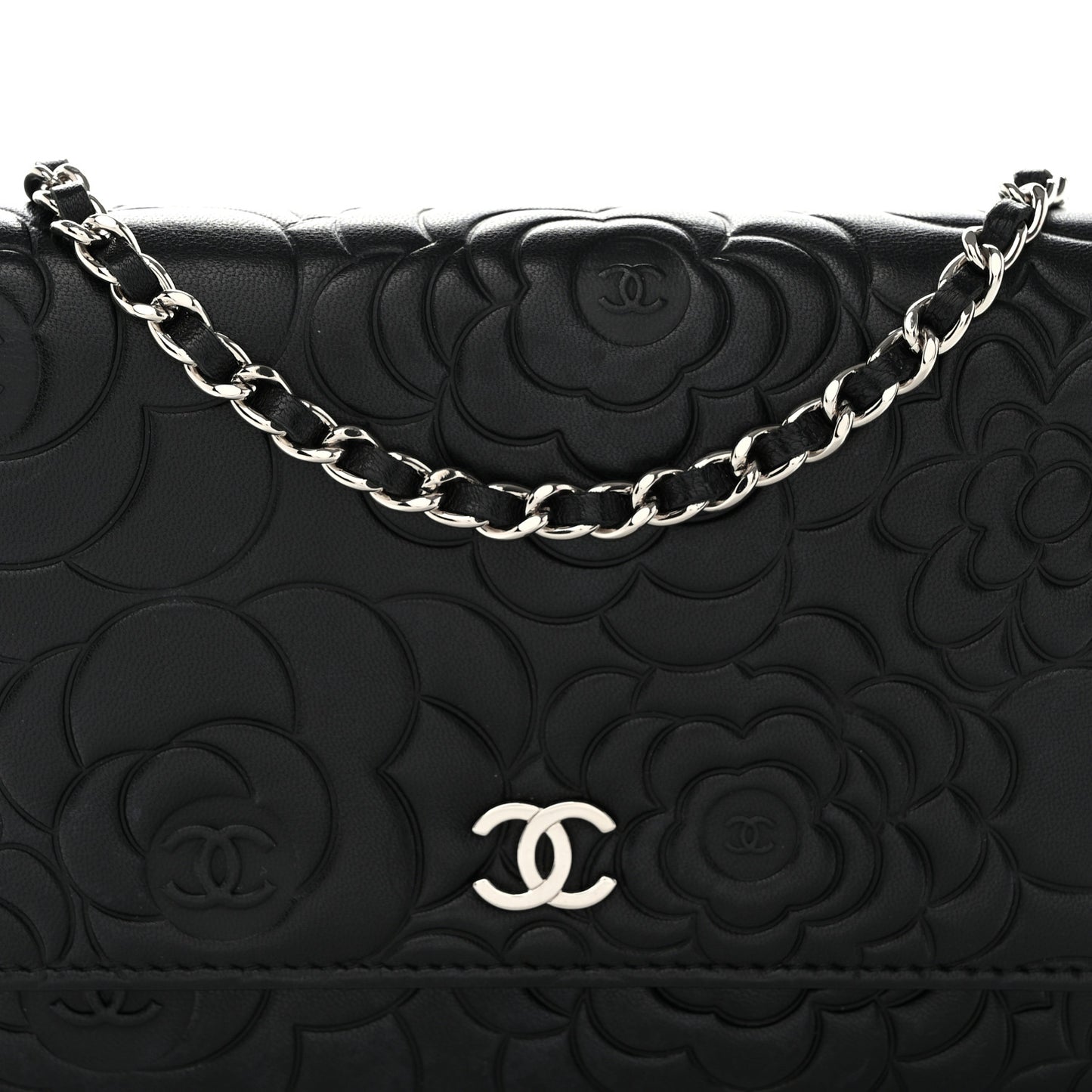 Lambskin Camellia Embossed Wallet on Chain WOC Black