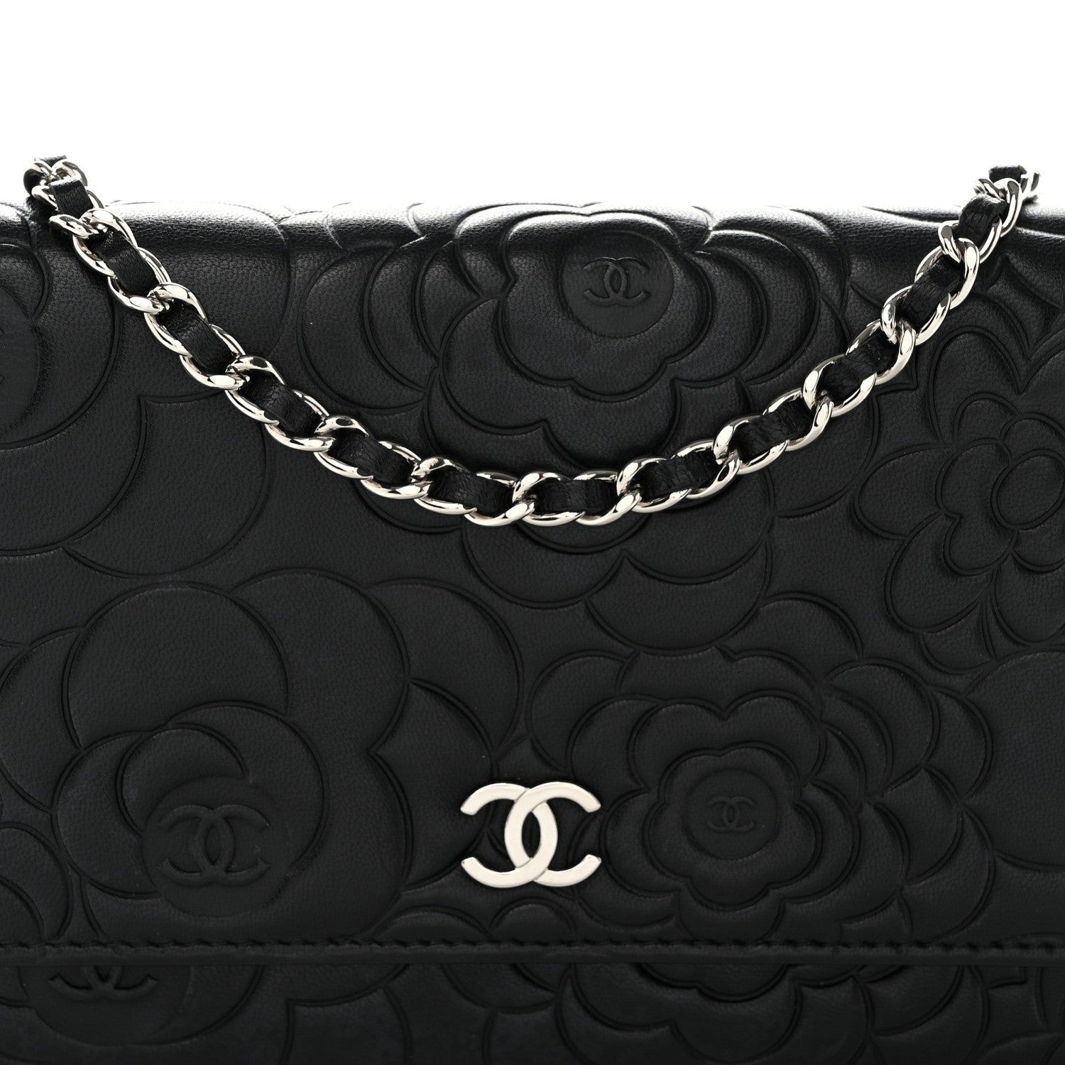 Chanel Lambskin Camellia Embossed Wallet on Chain WOC Black 9 of 13