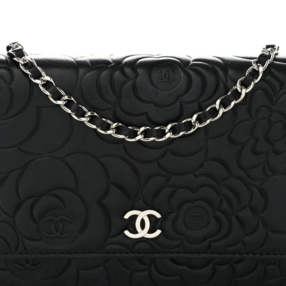 Chanel Lambskin Camellia Embossed Wallet on Chain WOC Black 9 of 13