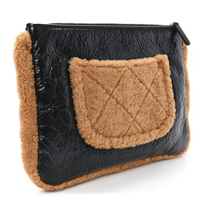 Chanel Shiny Crumpled Sheepskin Shearling CC Mania Zip Pouch Black Beige 3 of 7