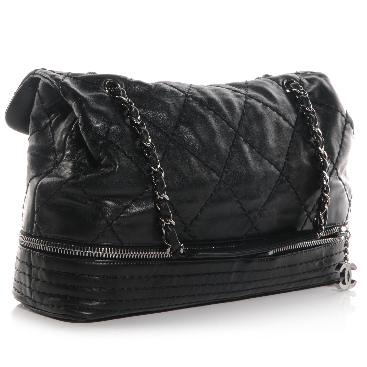 Calfskin Large Expandable Flap Bag Black