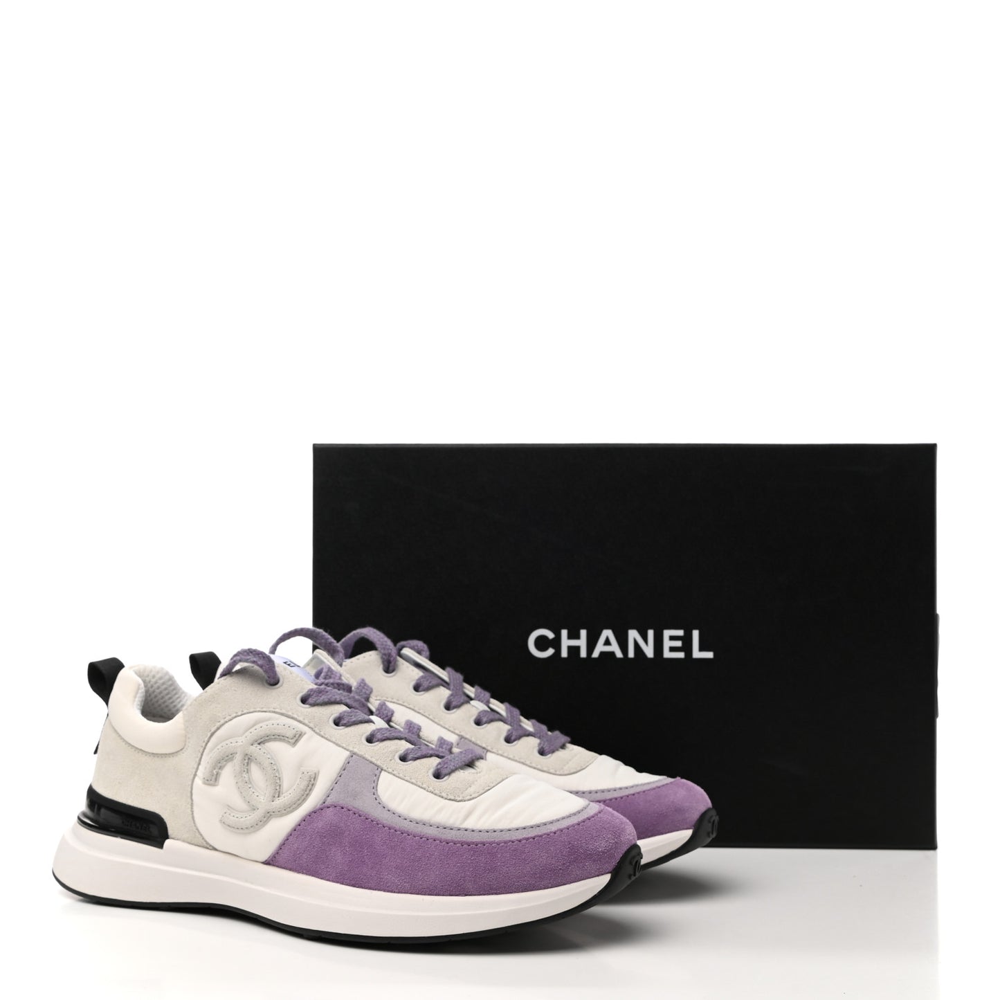 Nylon Calfskin Suede CC Womens Sneakers 40 White Light Grey Purple