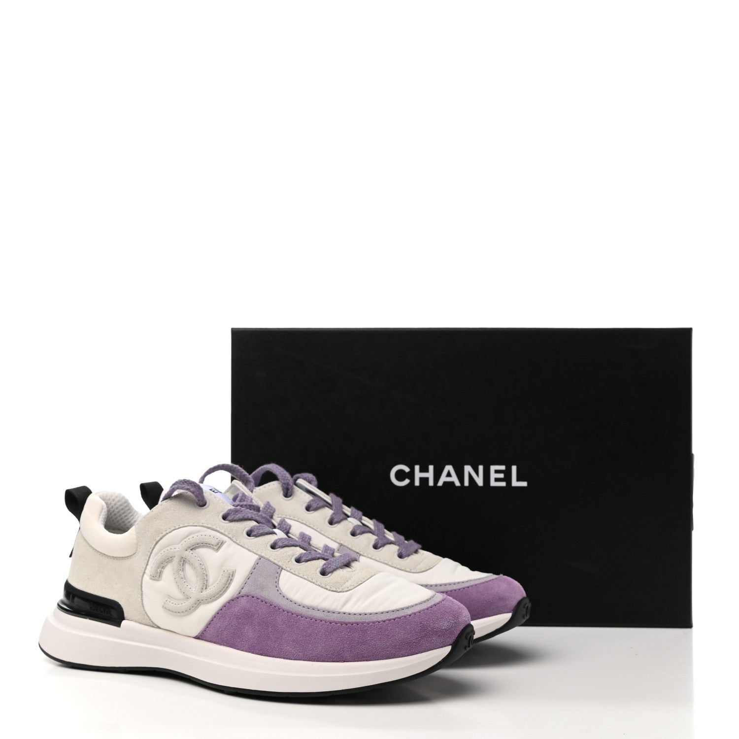 Chanel Nylon Calfskin Suede CC Womens Sneakers 40 White Light Grey Purple 8 of 8