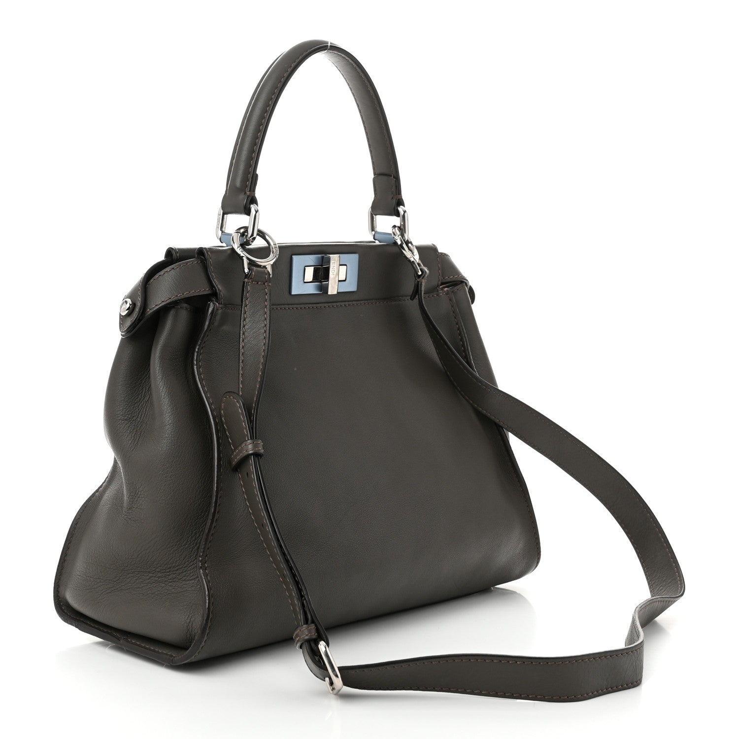 Fendi Vitello Seta Shiny Nappa Medium Peekaboo Iconic Satchel Carbone Grigio Polvere 3 of 12
