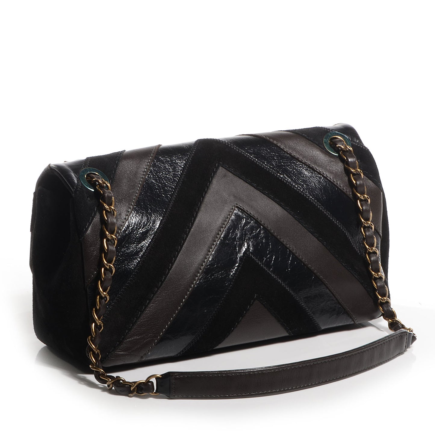 Suede Lambskin Glazed Calfskin Lady Vintage Chevron Flap Black Brown