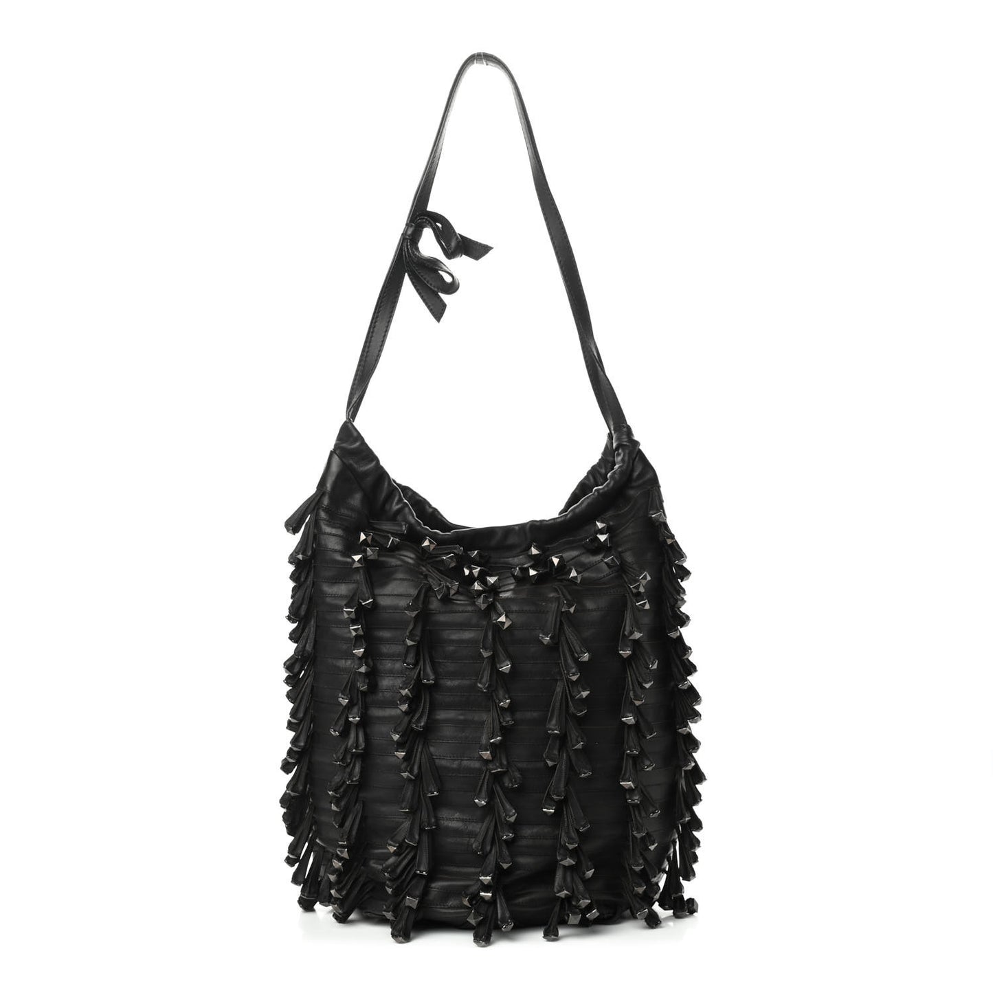 Lambskin Rockstud Fringe Bucket Black