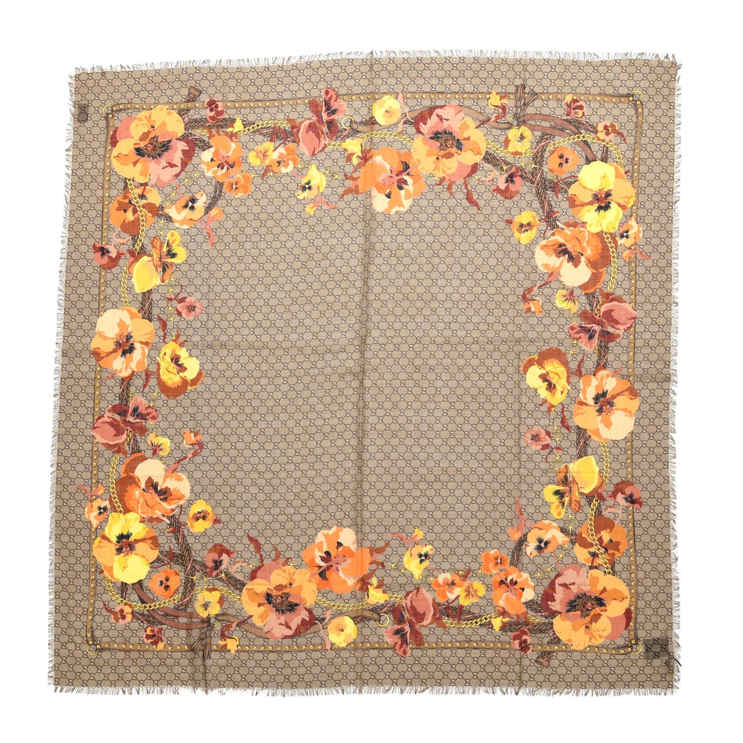 Wool Jacquard GG Monogram Big Panshie Fringe Shawl Sun Beige