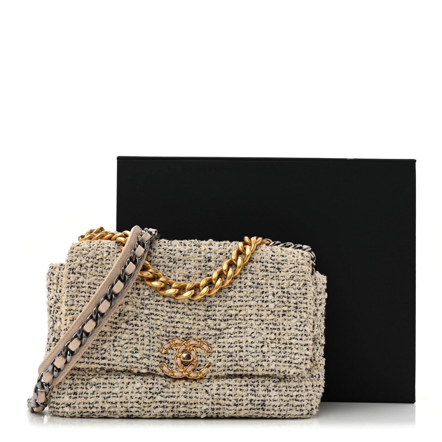 Chanel Tweed Quilted Medium Chanel 19 Flap Ecru Black 13 of 13