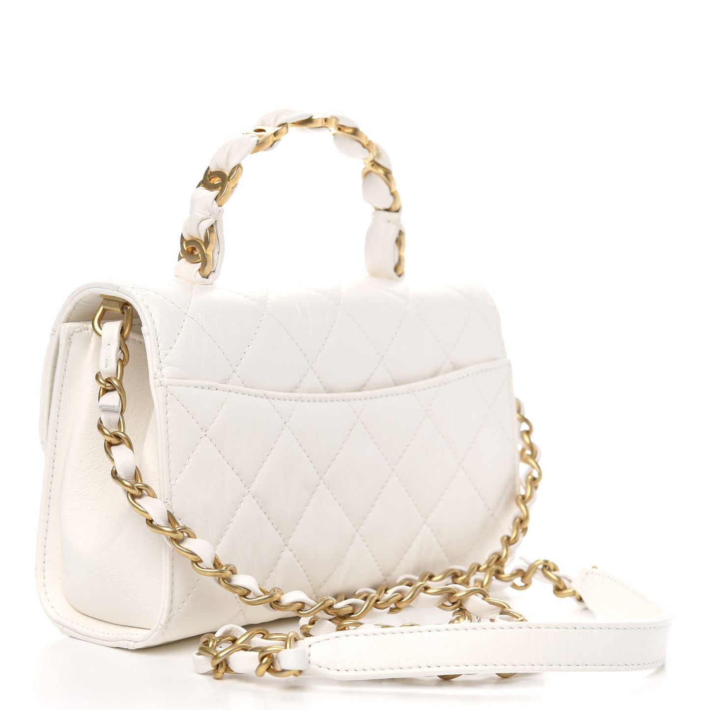 Crumpled Lambskin Quilted Mini CC Links Top Handle Flap White