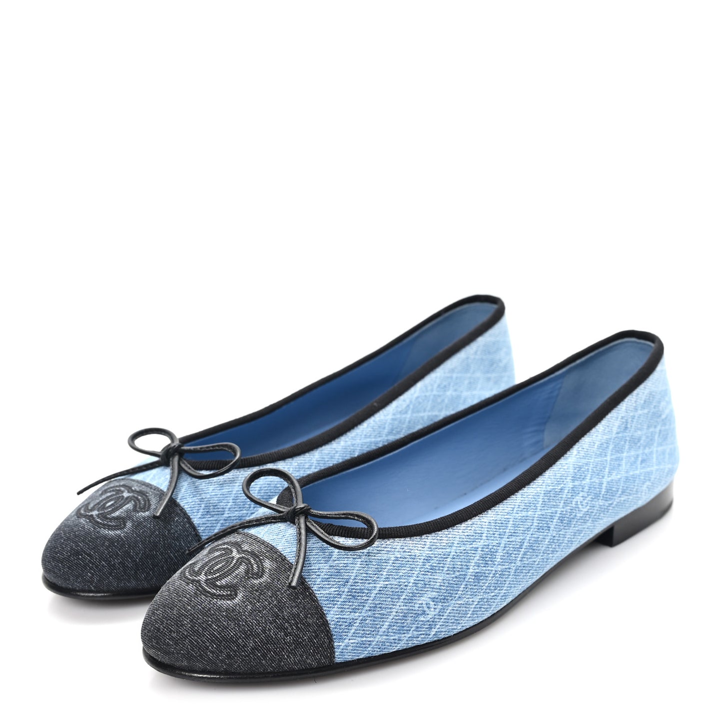 Denim Printed Quilt CC Cap Toe Ballerina Flats 38.5 Light Blue Dark Grey