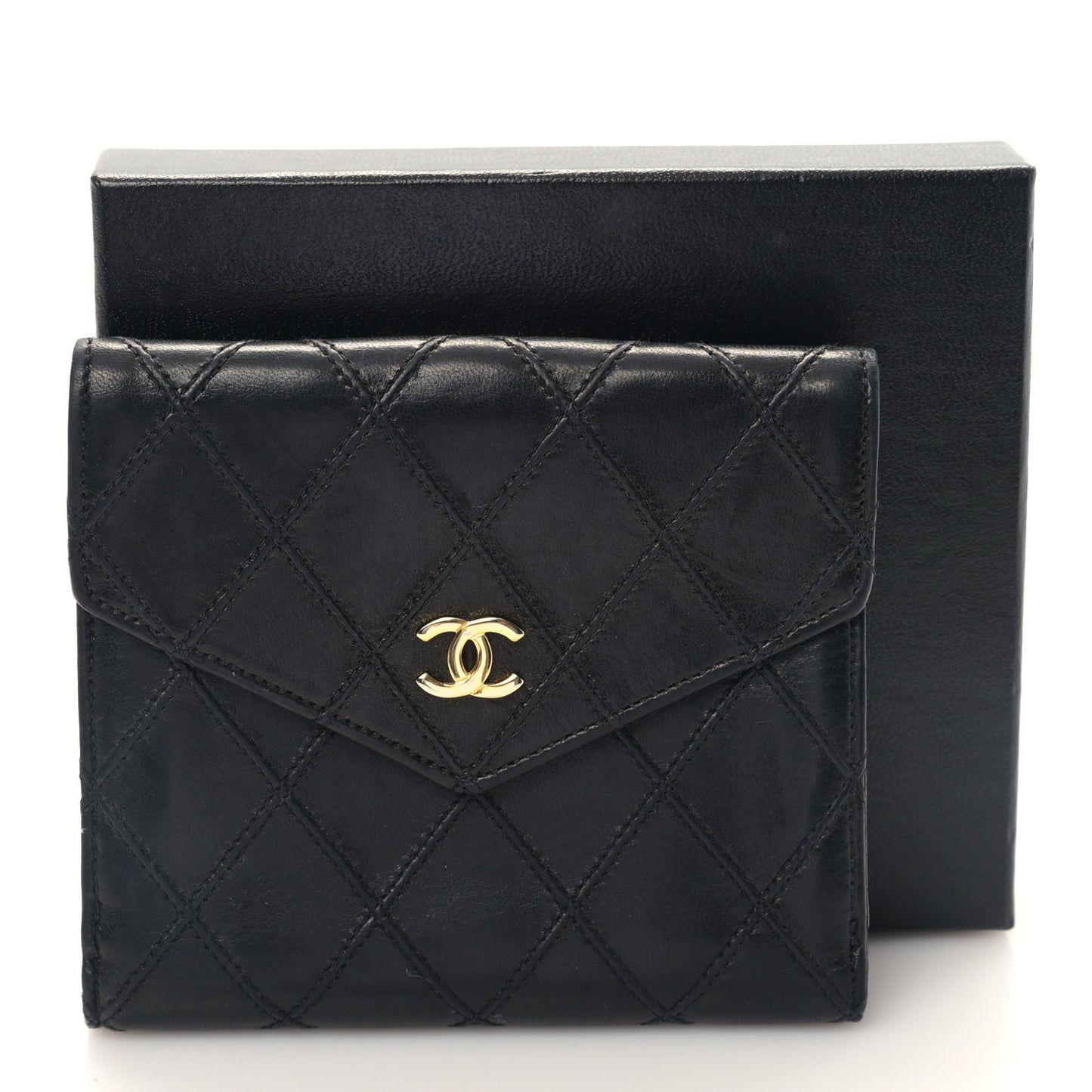 Calfskin Diamond Stitched Compact Wallet Black