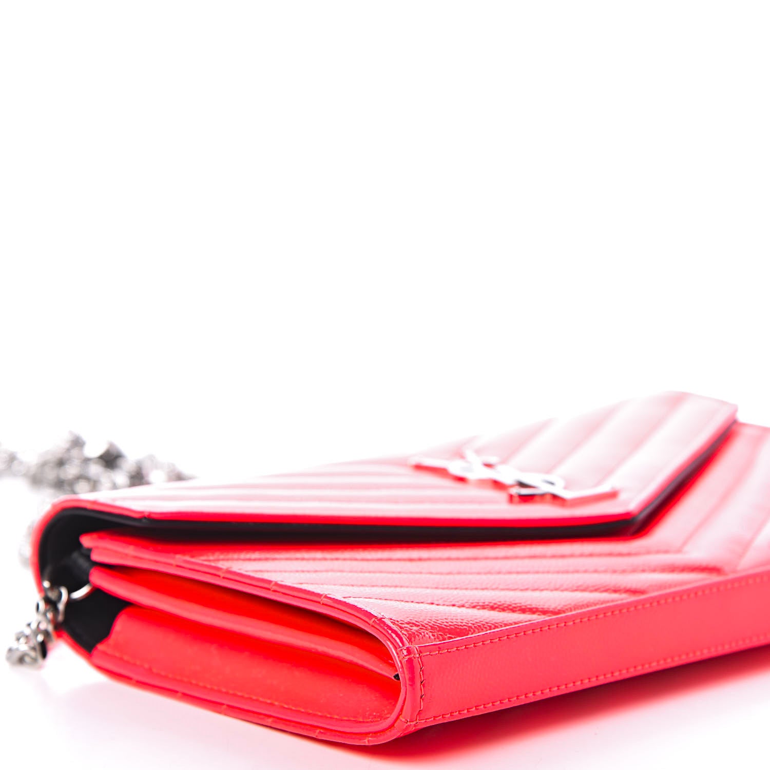 Saint Laurent Patent Grain De Poudre Matelasse Chevron Monogram Chain Wallet Neon Pink 5 of 9