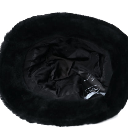 Prada Shearling Metal Triangle Logo Womens Bucket Hat M Black 8 of 9
