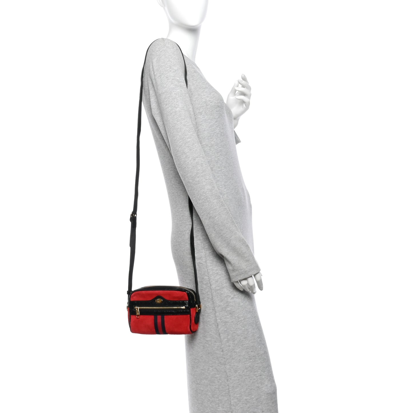 Suede Patent Web Mini Ophidia Shoulder Bag Hibiscus Red Black