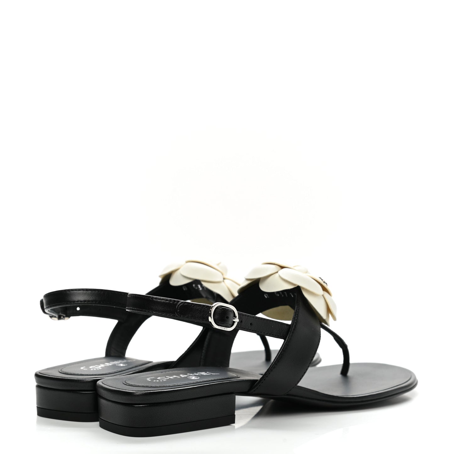 Lambskin Camellia Thong Sandals 36.5 Black White