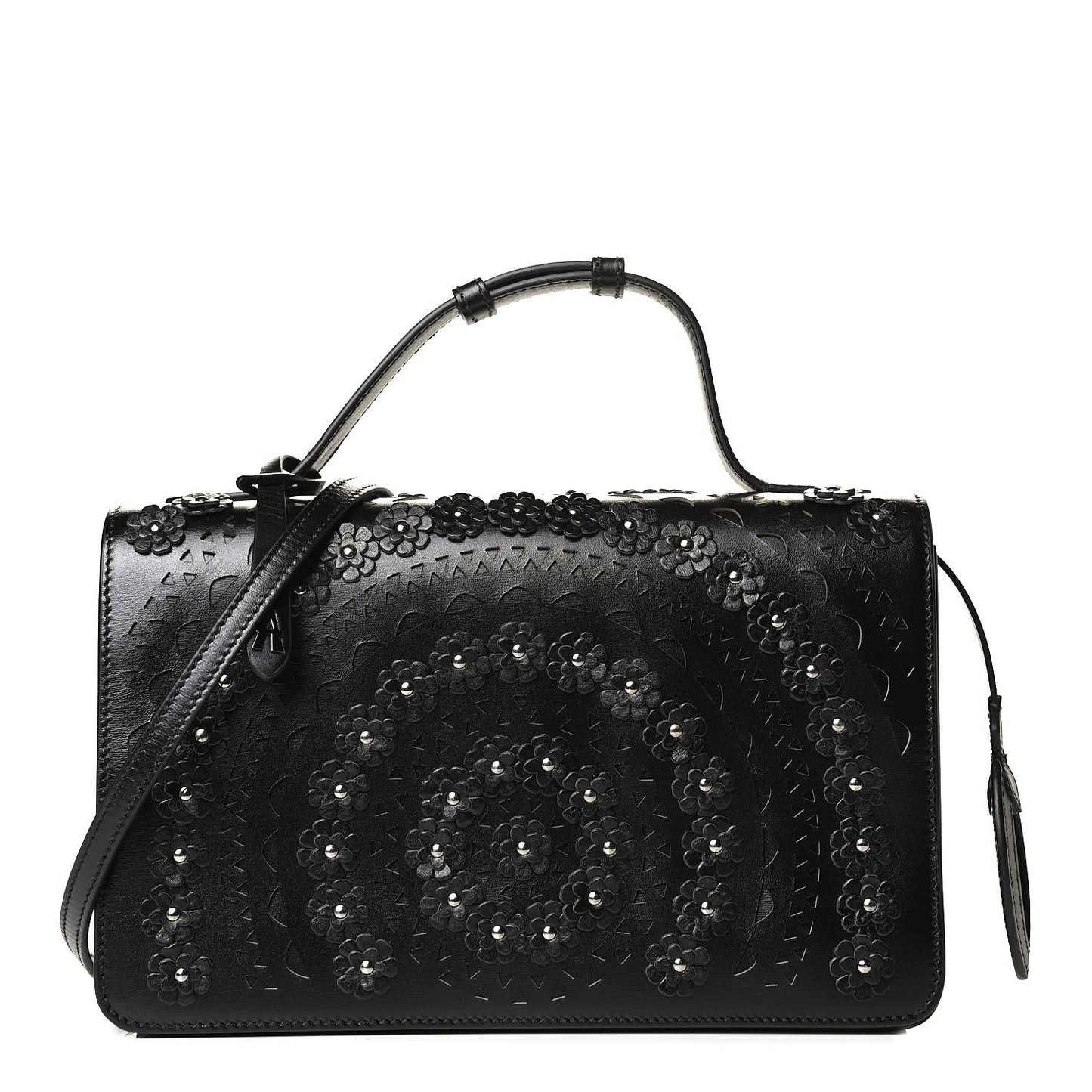Calfskin Laser Cut Studded Medium Franca Crossbody Black