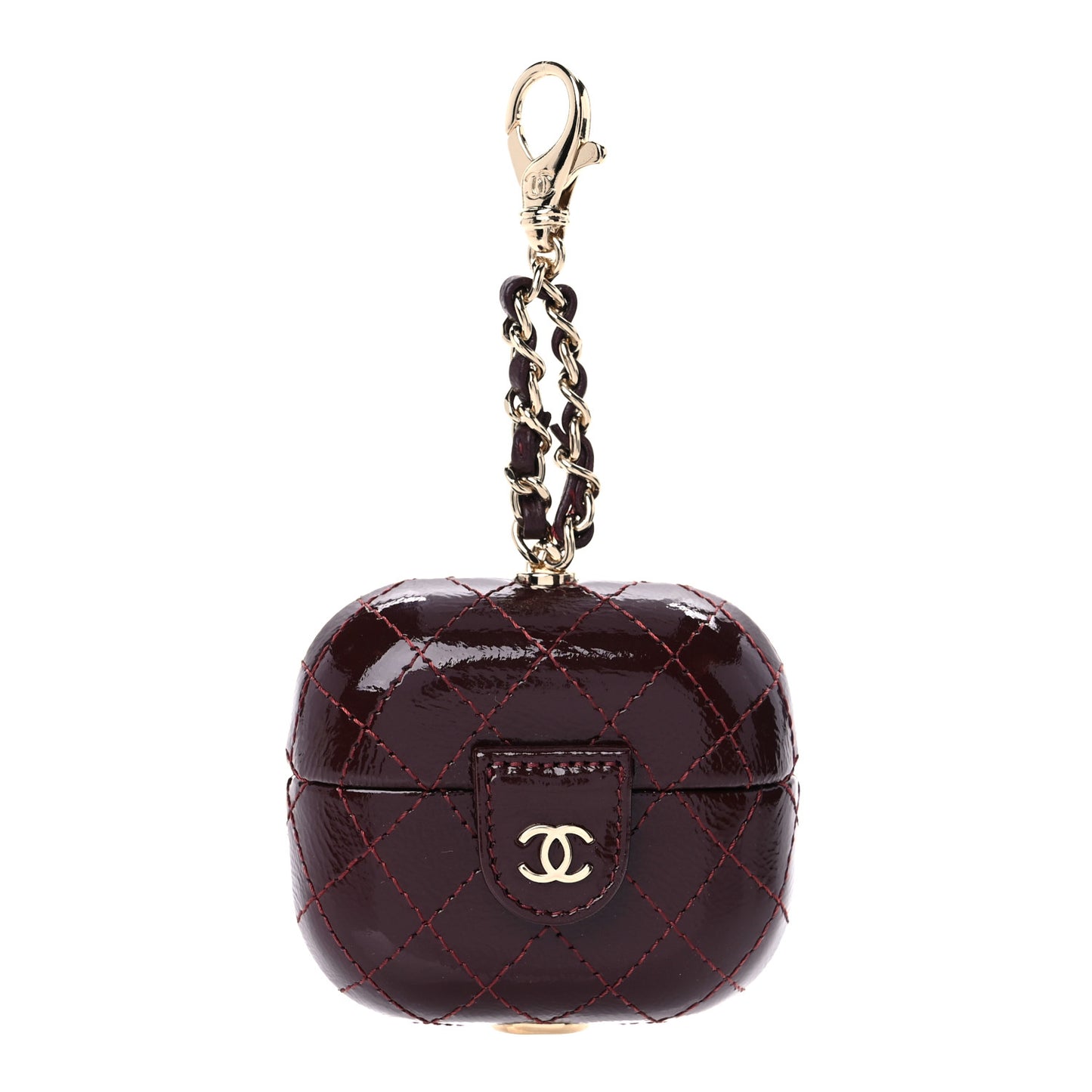 Glazed Calfskin Quilted Airpods Pro Case With Chain Burgundy