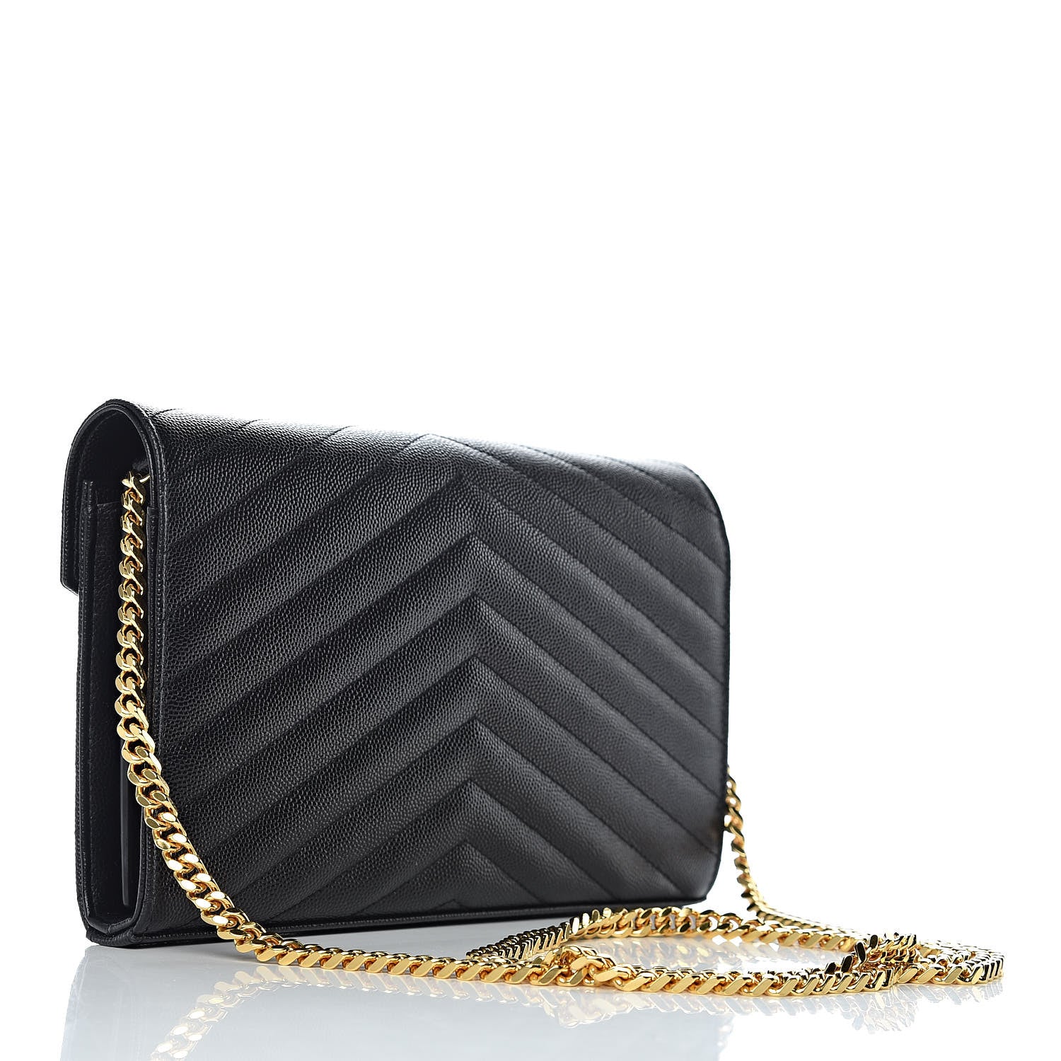 Saint Laurent Grain De Poudre Matelasse Chevron Monogram Chain Wallet Black 3 of 9