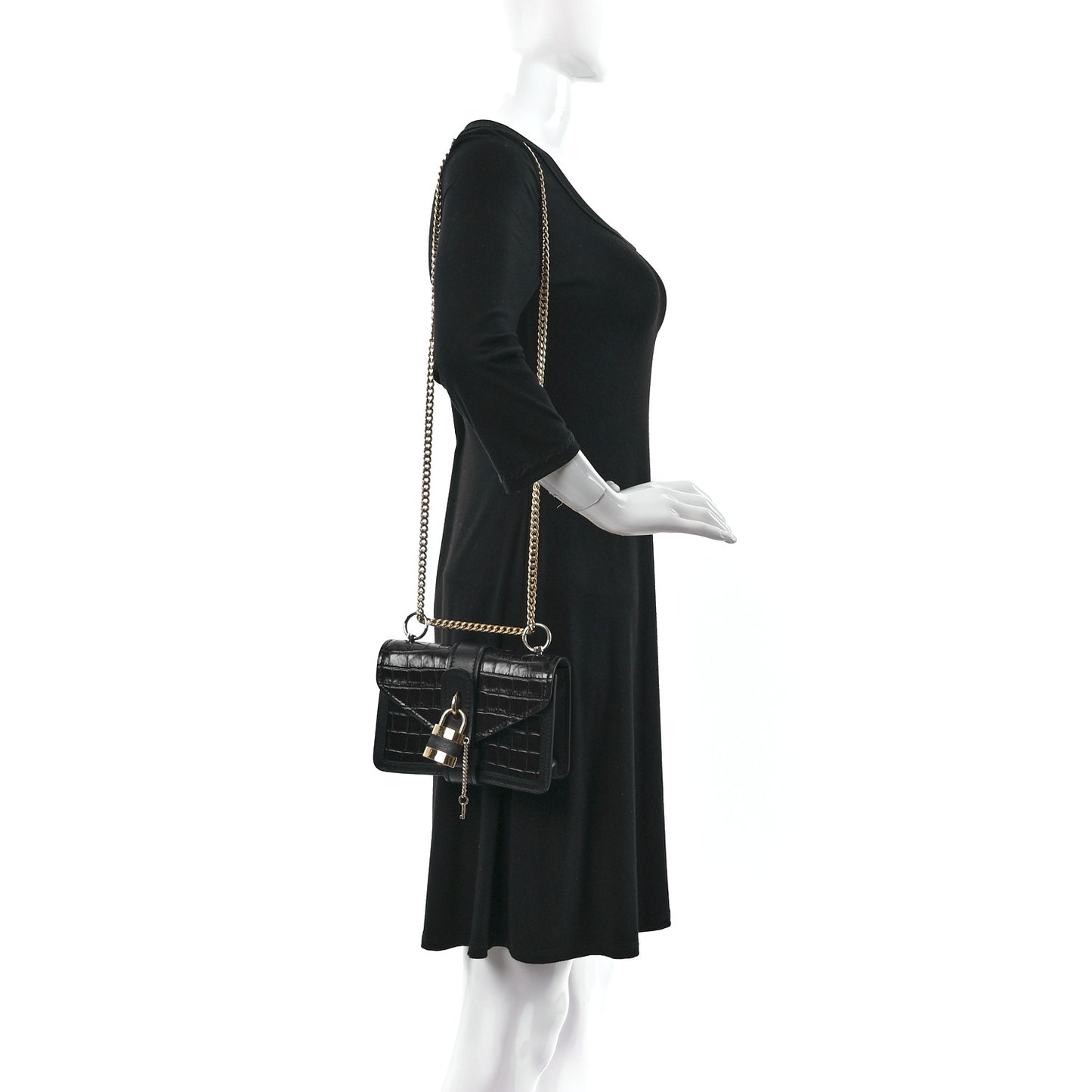 Calfskin Crocodile Embossed Aby Chain Shoulder Bag Black