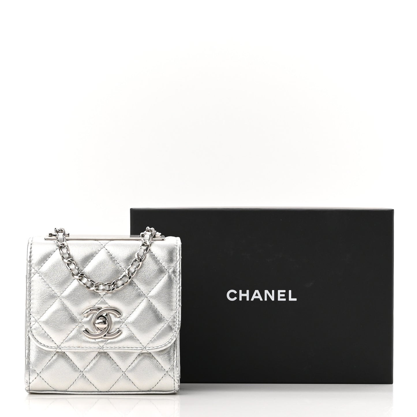 Metallic Lambskin Quilted Mini Trendy CC Clutch With Chain Silver