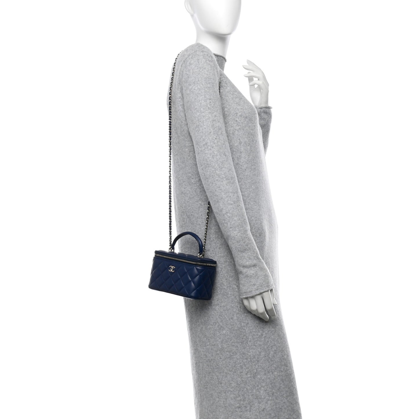 Lambskin Quilted Small Top Handle Vanity Case With Chain Navy