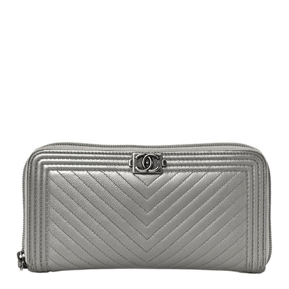 Chanel Metallic Caviar Chevron Quilted Boy Small Zip Around Wallet Silver 1 of 17