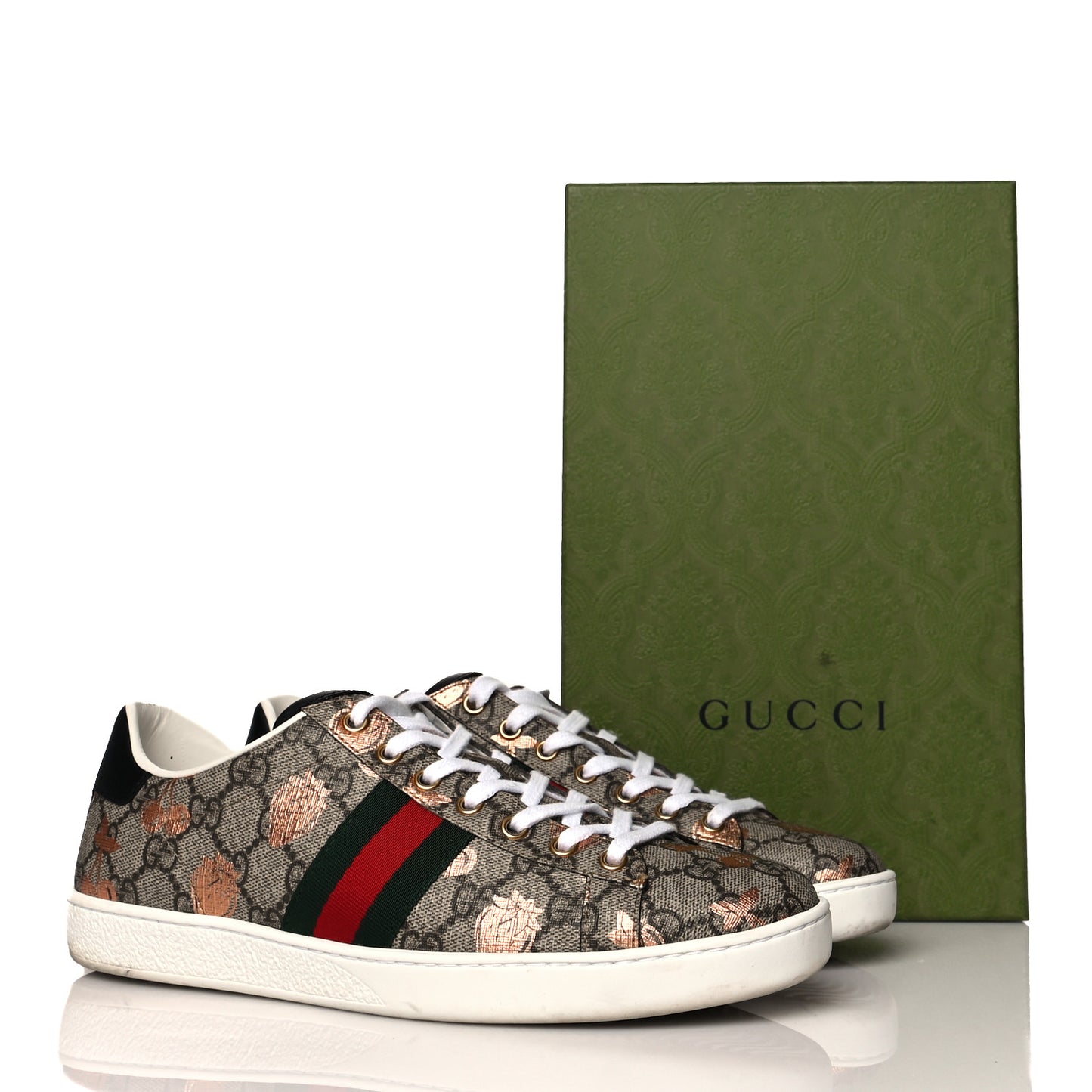 GG Supreme Monogram Berry Web Womens Ace Sneakers 39.5 Beige Light Copper Black
