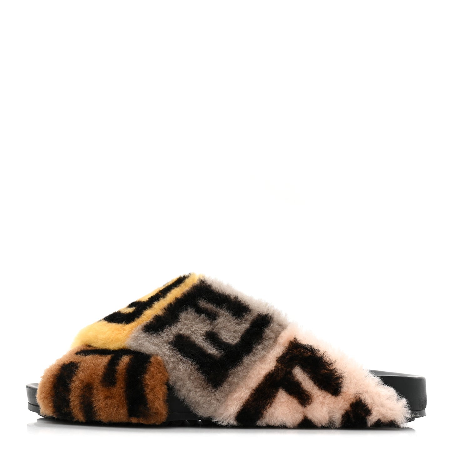Shearling FF Cross Strap Slide Flat Sandal 37 Light Rose Black Tabacco