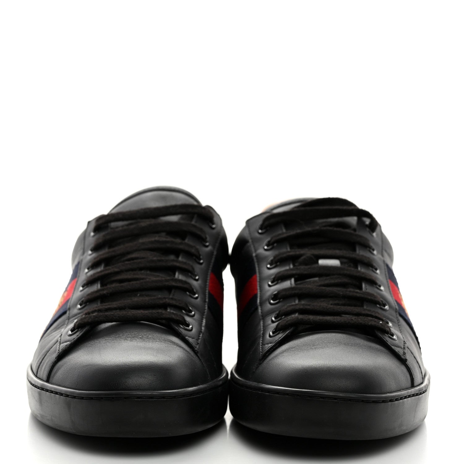 Gucci Miro Soft Calfskin Laminated Ayers Web Bee Embroidered Mens Ace Sneakers 9.5 Black Red Flame Night 2 of 8