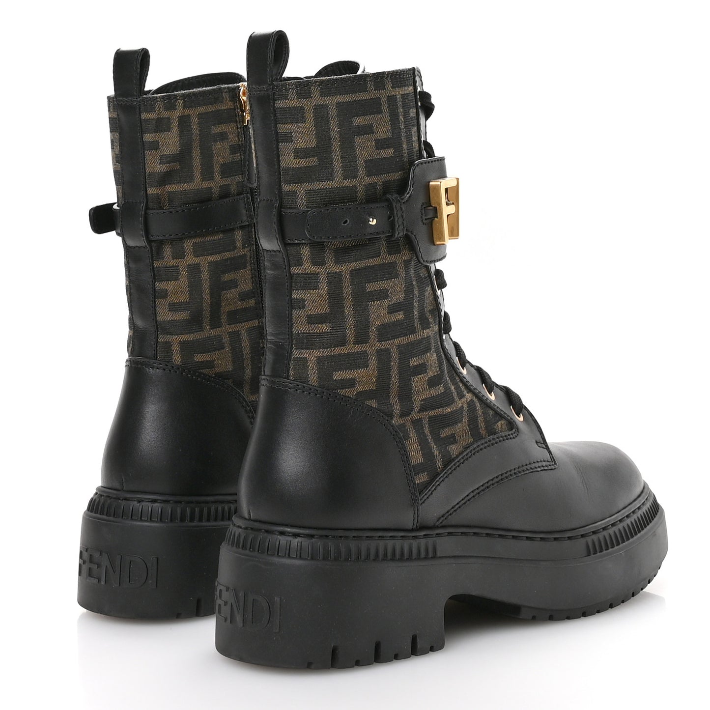 Vitello Fabric Jacquard FF Fendigraphy 50mm Biker Boots 39.5 Black Tobacco