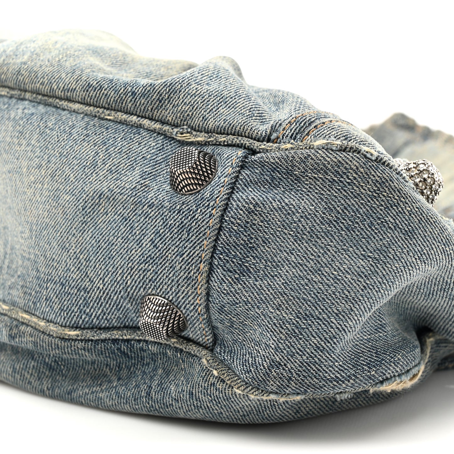 Washed Frayed Denim Crystal Small Le Cagole Shoulder Bag Blue