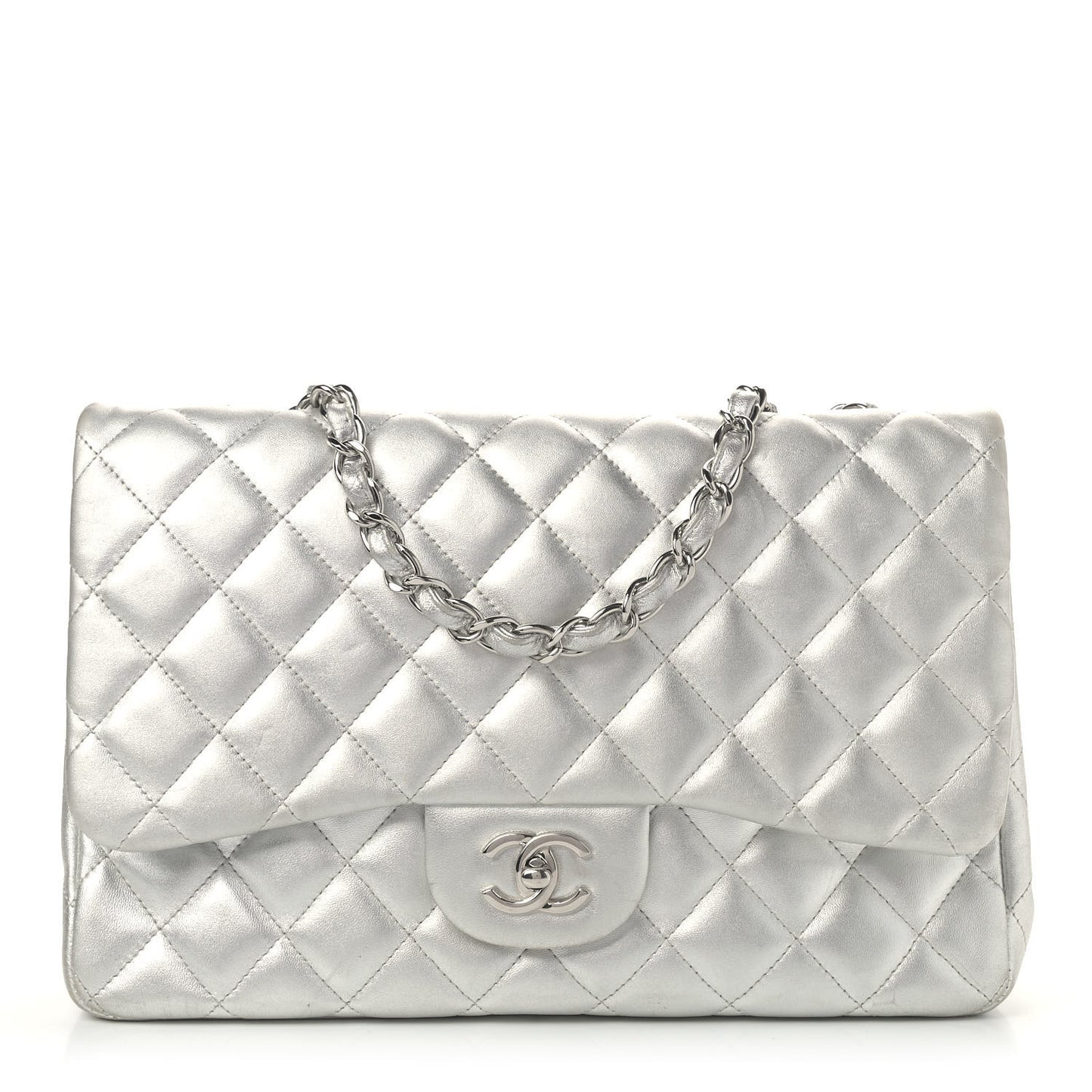 Metallic Lambskin Quilted Jumbo Single Flap Silver