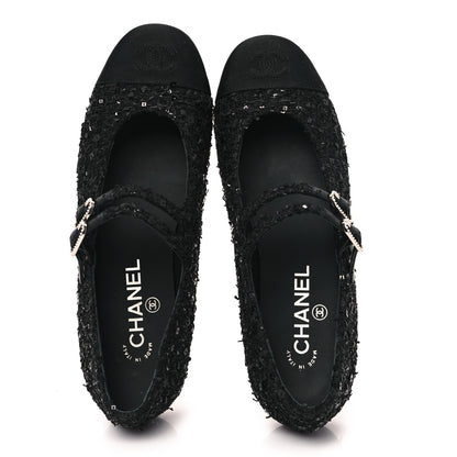 Chanel Tweed Sequin Mary Jane Flats 37.5 Black 2 of 9