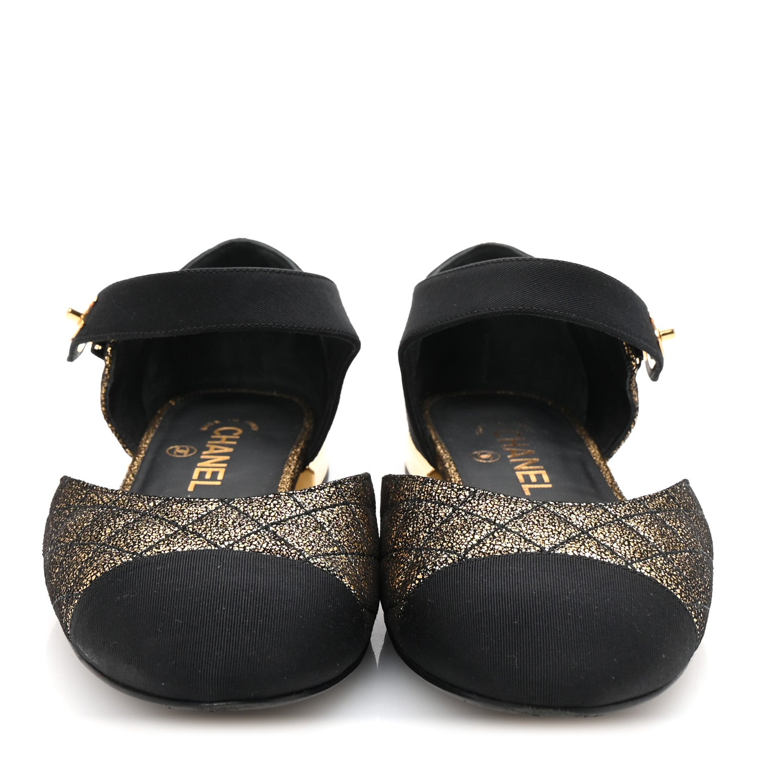 Chanel Laminated Suede Kidskin Grosgrain Quilted Cap Toe Ballerina Flats 37.5 Gold Black 3 of 10